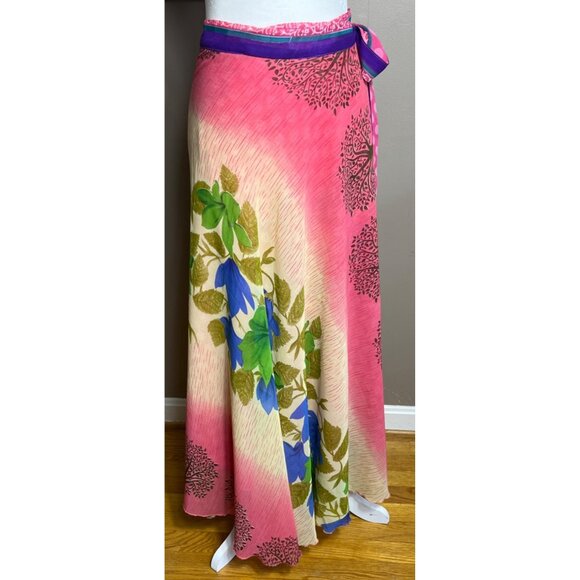 Wrap Sari Skirt Maxi Pink Reversible Chiffon Silk Blend Boho Gypsy Women 1 Sz - Picture 2 of 10